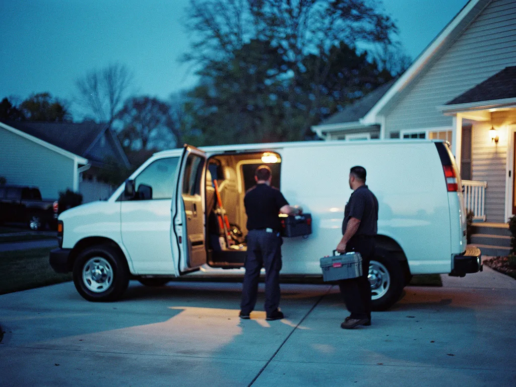 Two technicians load tools into a work van at dusk, the porch light on.