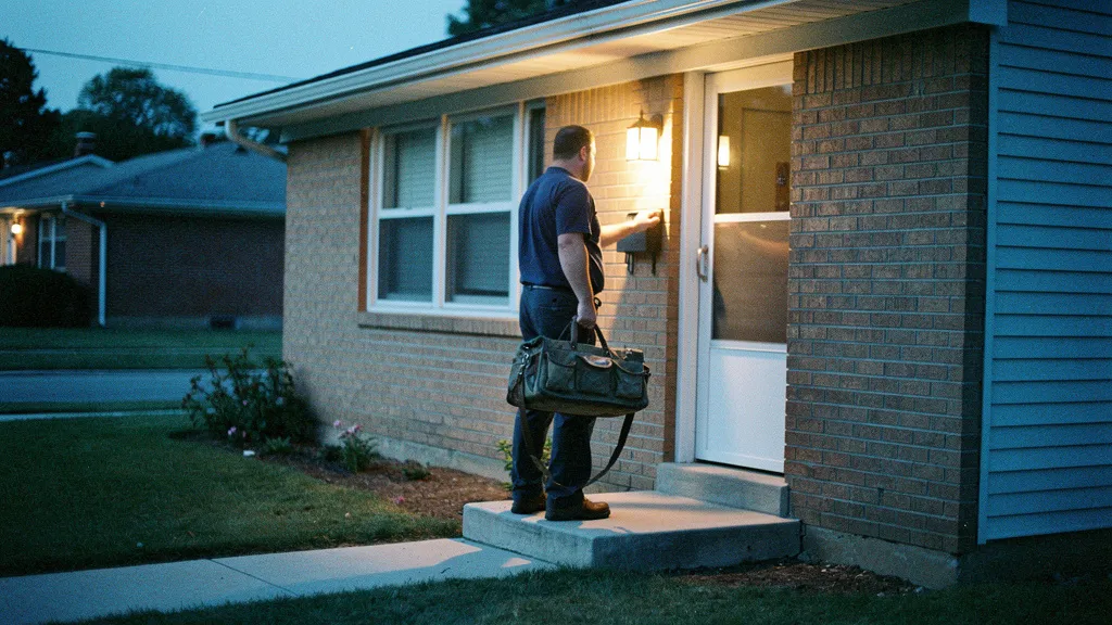 A technician knocks at a customer's front door at dusk with the porch light on.